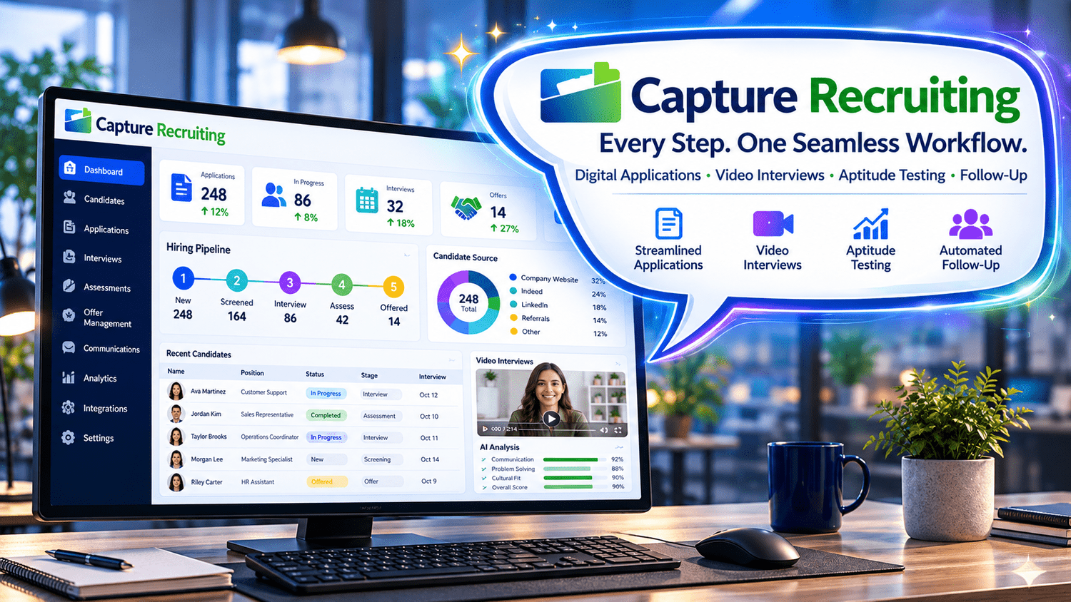 Capture Recruiting artwork showing candidate profiles, a hiring pipeline, and video interviews.