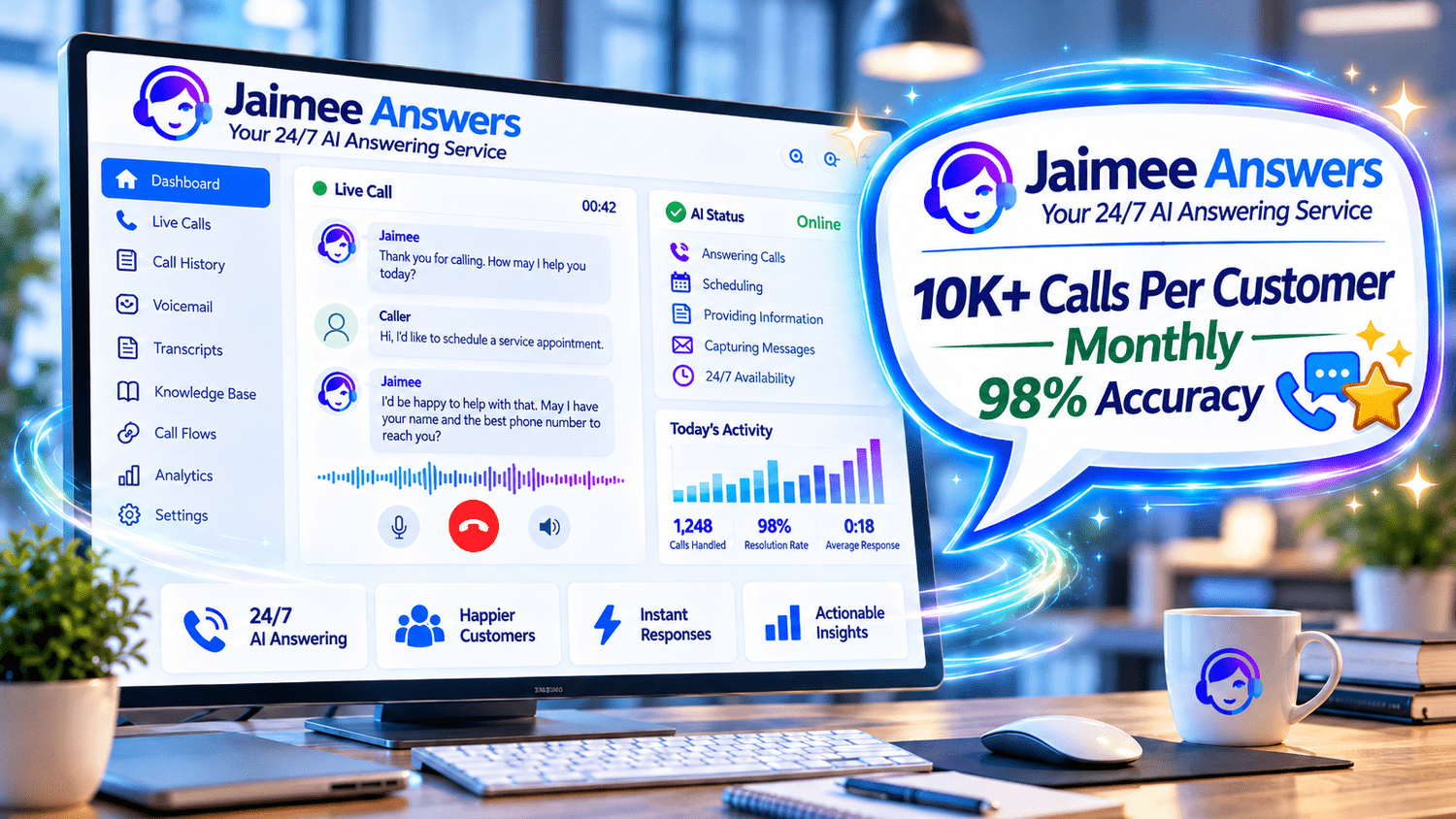 Jaimee Answers artwork showing an AI answering service handling customer calls and messages.