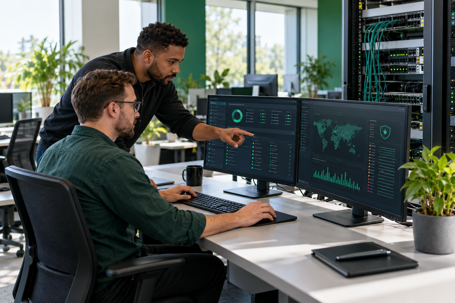 Illustration of two IT support engineers reviewing network and device health beside a server rack.