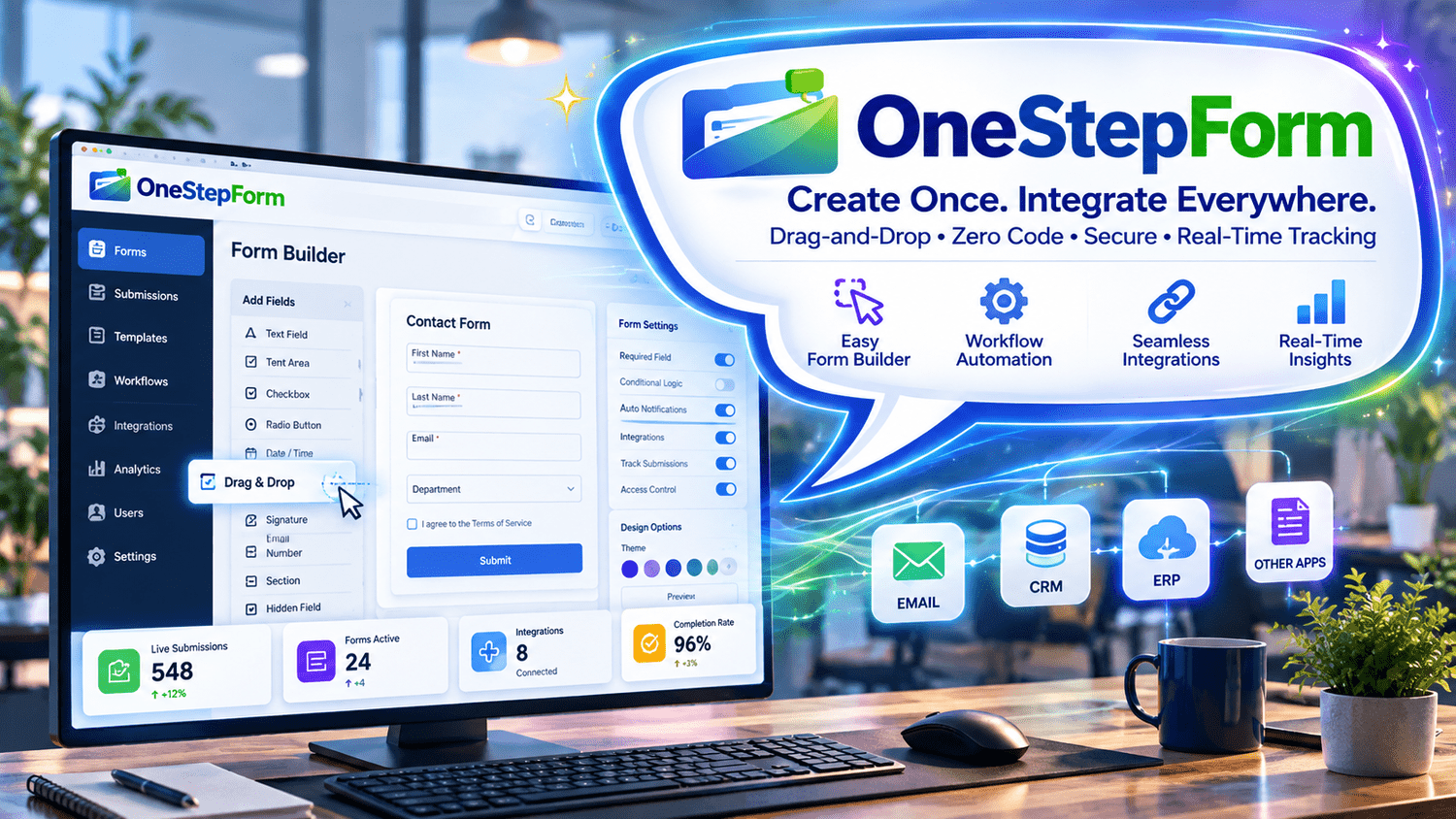 OneStepForm artwork showing a drag-and-drop form builder connected to business applications.
