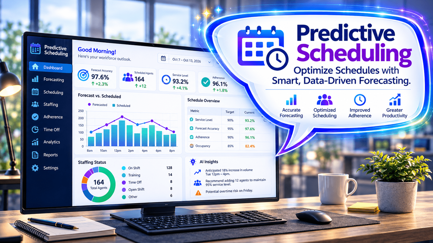 Predictive Scheduling artwork showing staffing forecasts, schedules, and demand charts.