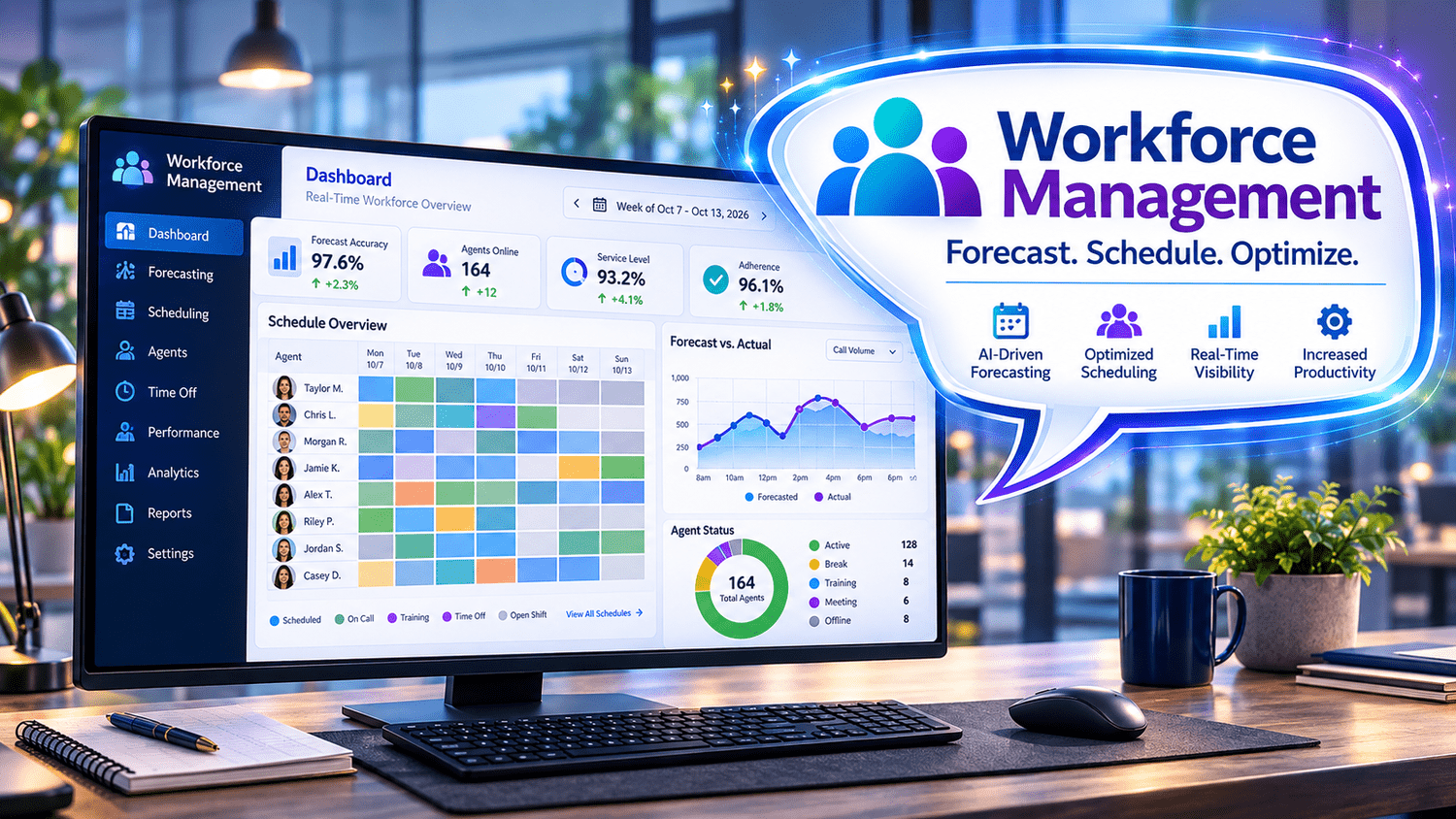 Workforce Management artwork showing employee shift schedules and staffing forecasts.