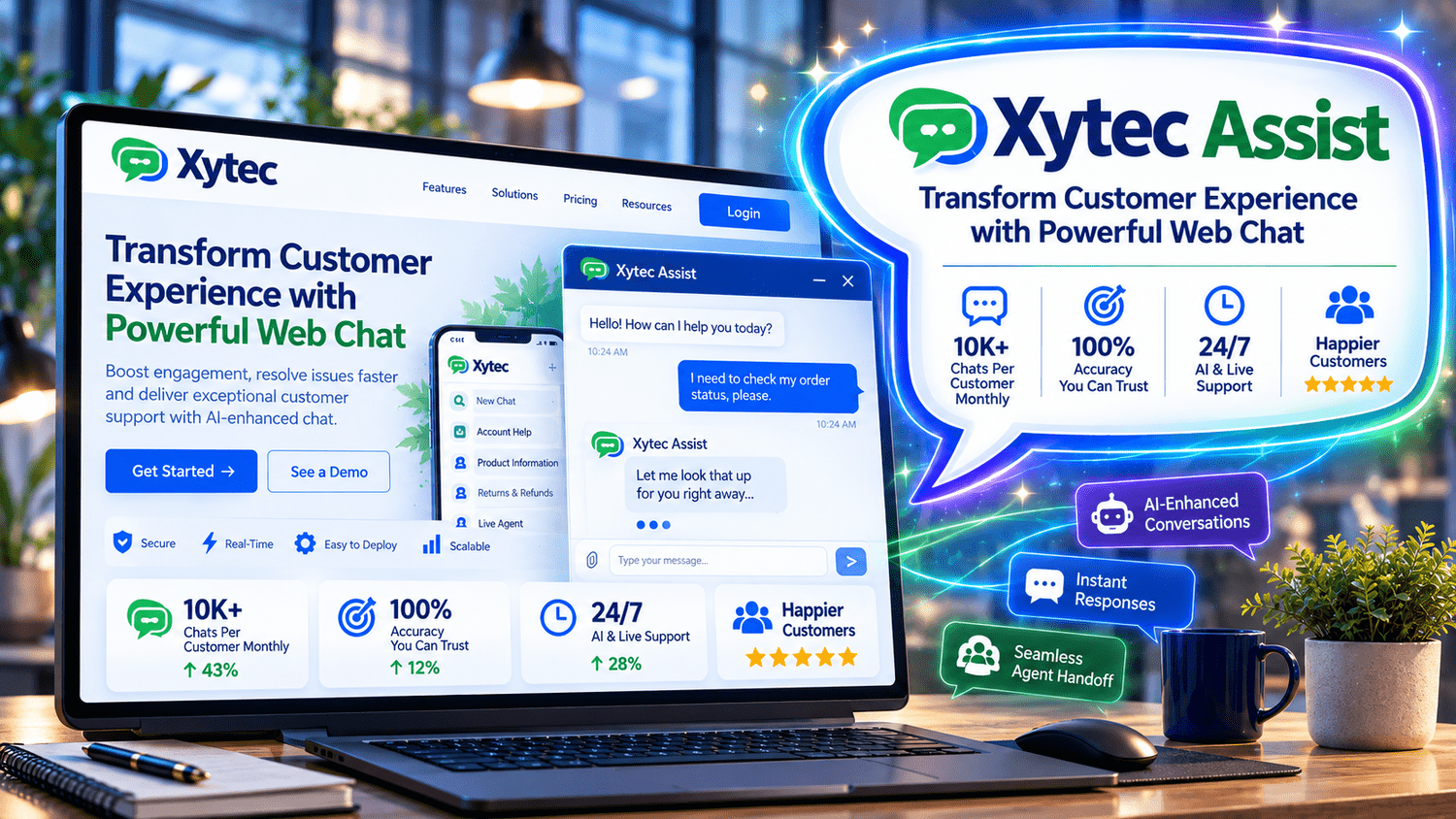 Xytec Assist artwork showing a web chat assistant answering customer questions.